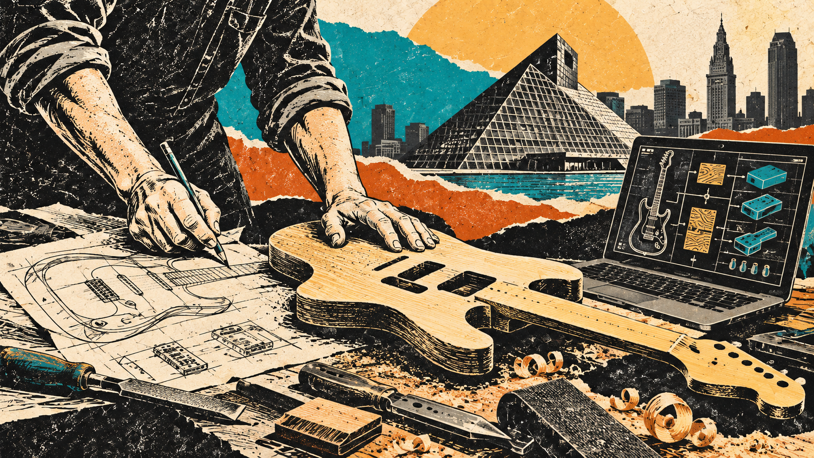 Illustration of a person crafting a guitar beside a laptop, with the Rock and Roll Hall of Fame and Cleveland skyline behind them.
